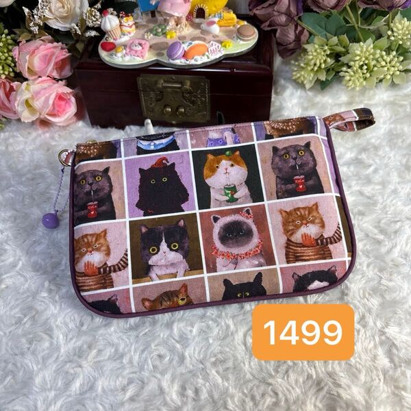 母子手帳型ハンドメイドフラットポーチ★通帳・手帳・多目的ポーチ★猫の画像★1499