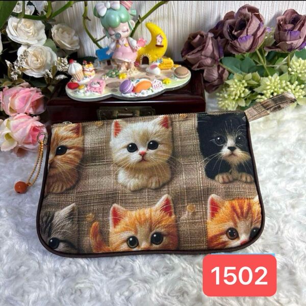 母子手帳型ハンドメイドフラットポーチ★通帳・手帳・多目的ポーチ★刺繍風猫★1502