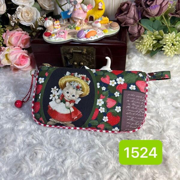 ペンケース・メガネポーチ★小物入れハンドメイドフラットポーチ★1524 レトロ調猫ミュージック