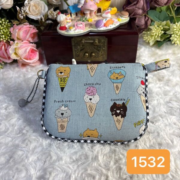 カード名刺ケース★小物小銭入れハンドメイドフラットポーチ★猫アイスクリーム★1532