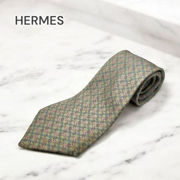 HERMES エルメス ネクタイ シルク 総柄 グリーン901840