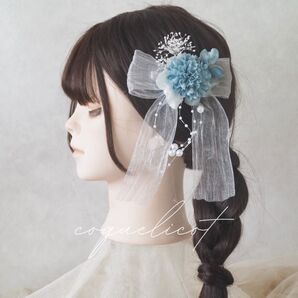 浴衣 リボン ヘアクリップ 髪飾りブルー M/ パールシャワー 七五三 バースデーフォト
