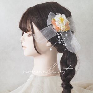 浴衣 リボン ヘアクリップ 髪飾り オレンジ S/ パールシャワー 七五三 バースデーフォト
