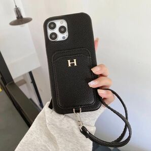 iPhone13pro用ケース ストラップ付 ブラックカード収納