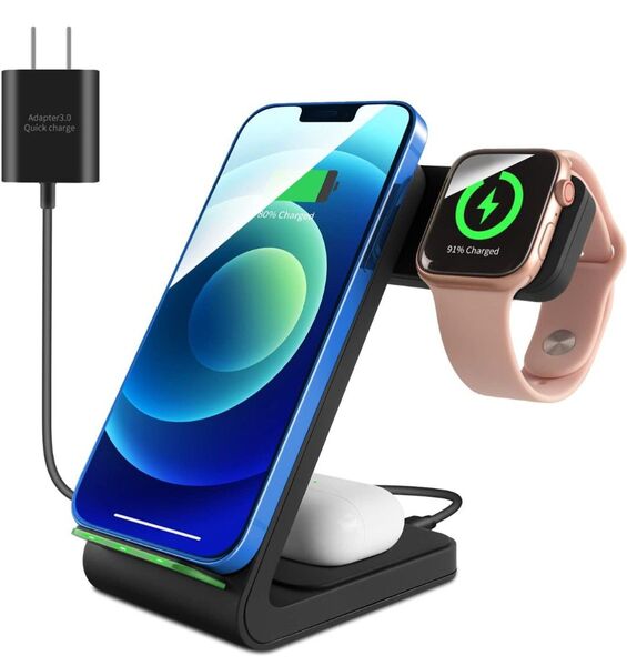 ワイヤレス充電器3in1 15W急速 置くだけ充電 Apple Watch/Airpods充電対応
