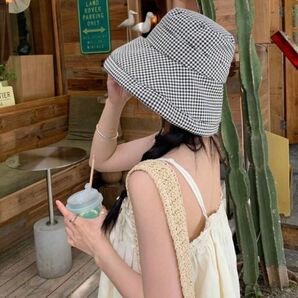 新品未使用【紫外線対策グッズ】UVカット帽 帽子 ツバあり帽子 ハット UV対策 日焼け対策グッズ ギンガムチェック 紐付きハット