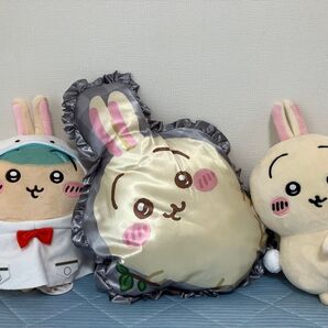 【週末セール】ちいかわ うさぎ ぬいぐるみ クッション 3点セット 雨の日 おしりふりふり ギンガムフリルクッション
