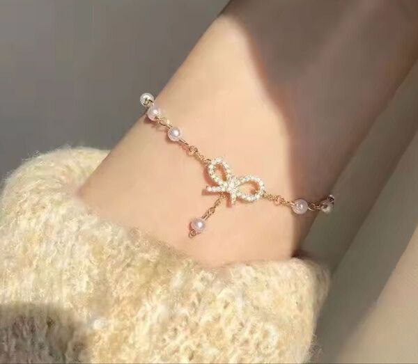 リボンパールブレスレット ゴールド