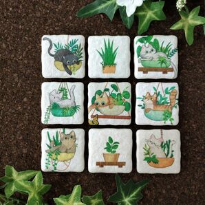 レンガ調タイル(観葉植物 猫)デコパージュ 猫雑貨 ペット キッチンタイル 北欧