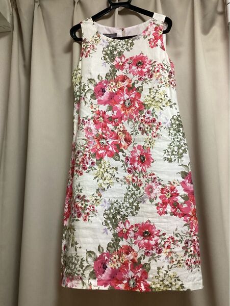 最終価格!ローラアシュレイワンピース LAURA ASHLEY フラワープリント 麻ワンピース UK12 Lサイズ