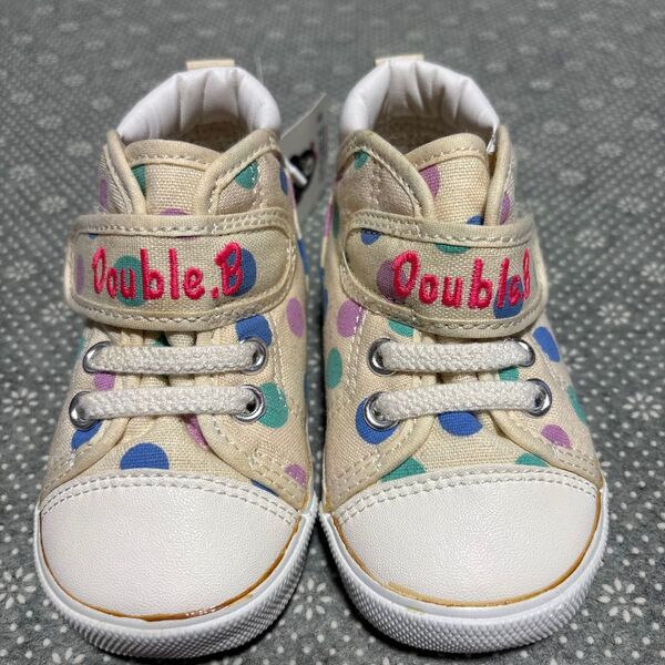 訳あり 未使用 ミキハウス Double.B ベビーシューズ 水玉 マジックテープ 13センチ