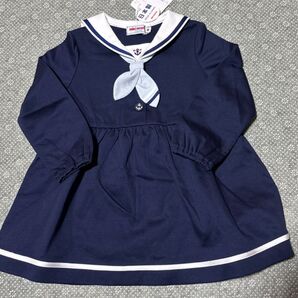 新品 タグ付 ミキハウス セーラーカラーワンピース S 70-80 ネイビー