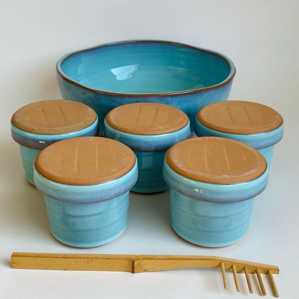 【未使用】陶器 そうめん鉢 蕎麦猪口 薬味皿 小皿 日本クラフト そうめん揃 5客セット