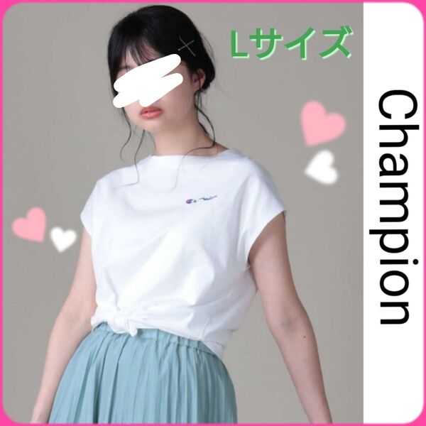 ライトオン Champion フレンチスリーブ Tシャツ ロゴ 白 プルオーバー ロゴマーク ボートネック