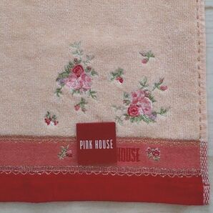 PINK HOUSE 薔薇とロゴ刺繍 ラメが入ったタオルハンカチ タグ付き未使用