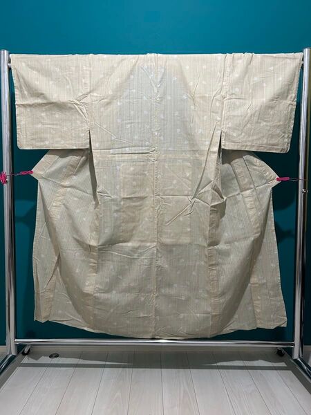 メンズ 男物 男性 着物20 薄黄色 ベージュ 白 ハット柄 浴衣 Lサイズ 送料無料