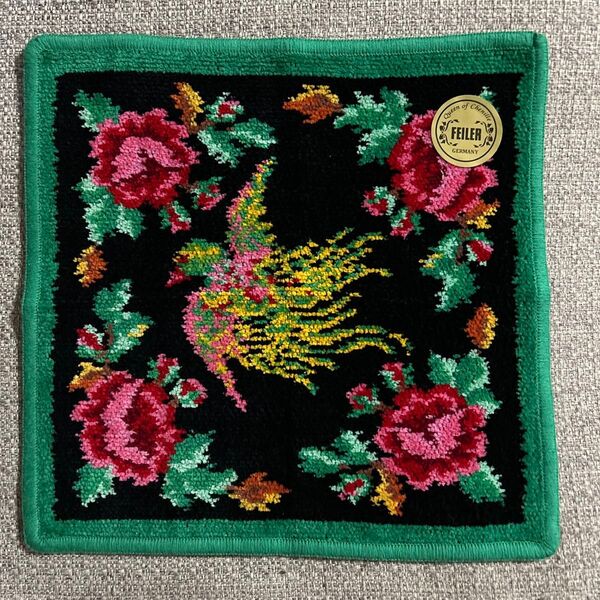 【新品】 FEILER フェイラー ハンカチ パラディス 鳳凰 シェニール織 グリーン ブラック 25×25cm