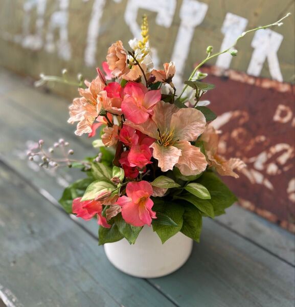 造花アレンジメント アートフラワー フェイクグリーン ピンク&オレンジ 陶器花瓶付き インテリア雑貨 214