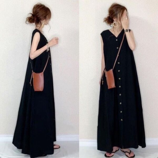 L 夏 ロングワンピース マキシ丈 Aライン Vネック 黒色 ブラック 秋 シャツ コーデ 大人可愛い服 ノースリーブ 半袖