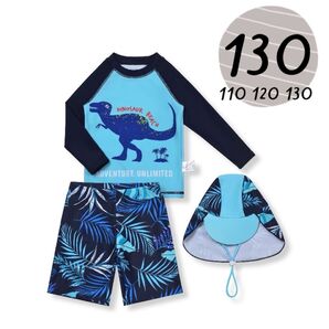 【新作】恐竜柄 男の子水着 長袖 ラッシュガード 帽子付き 3点セット セットアップ上下 ネイビー×ブルーUPF50+130