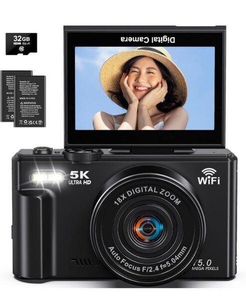デジカメ 5K デジタルカメラ 5K録画 7500万画素 コンパクト 180度回転 オートフォーカス 32GBマイクロSDカード付