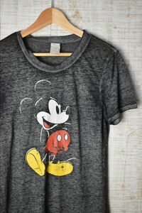 ☆US古着 Disney ディズニー ミッキー キャラ プリント シアー素材 Tシャツ グレー レディース【L】コットンポリ　　　　　◆2488◆