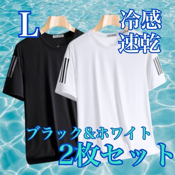 速乾 冷感 黒 白 Tシャツ トレーニング スポーツ 吸汗 夏 2枚セット M〜L 半袖 無地 クルーネック