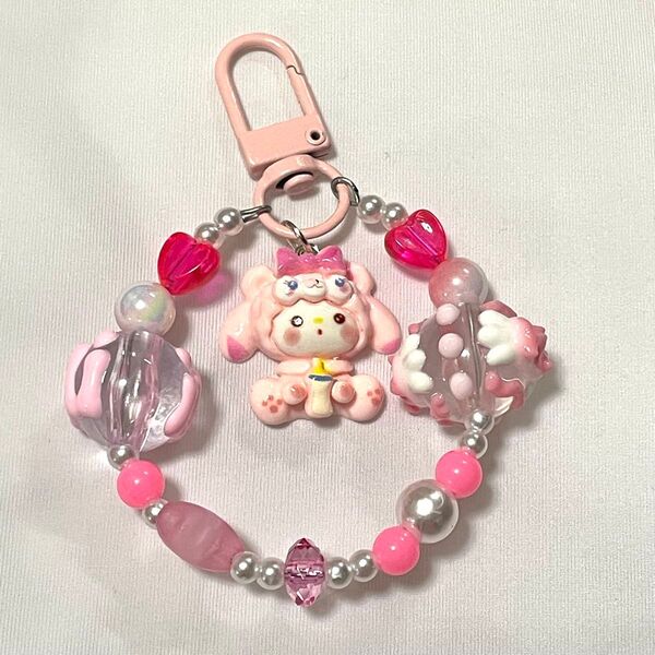 ★141★ ハンドメイド handmade キーホルダー ミニタイプ サンリオ風 マイメロディ ピンク 可愛い アートビーズ