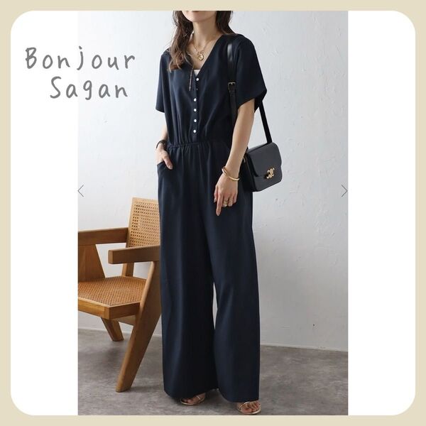【新品タグ付き】ウエスト切替Vネックオールインワン/ ネイビー Bonjour Sagan