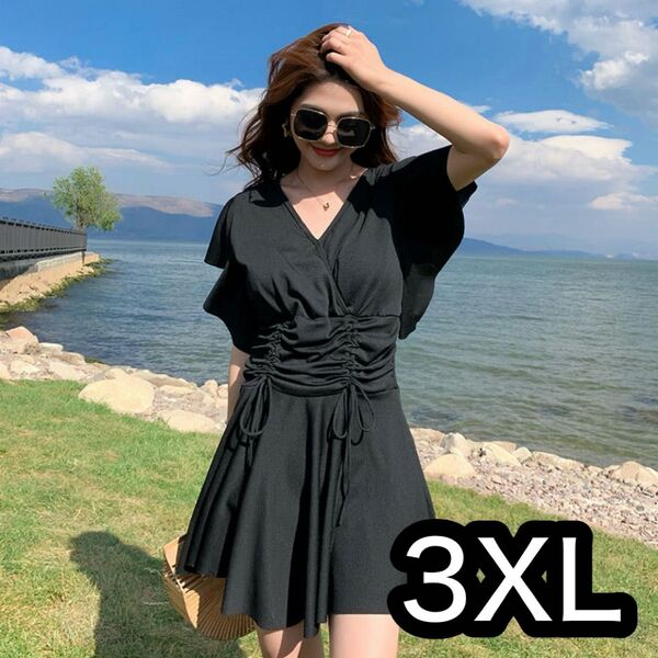 3XL 水着 ワンピース リゾート 大きいサイズ 体型カバー 黒 夏 海 ママ
