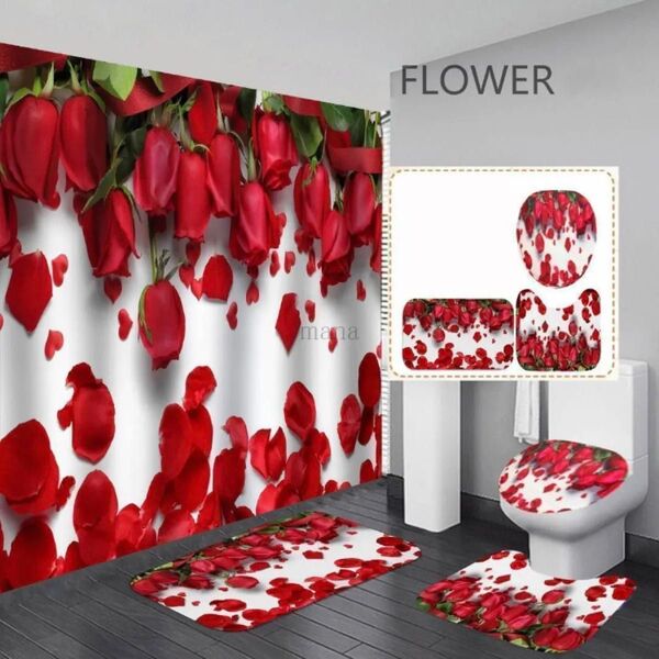 トイレマット 赤 レッド 薔薇 チューリップ 3点セット トイレ蓋カバー足元