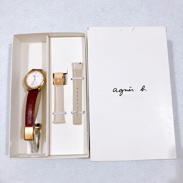 美品agnes b. アニエスベー腕時計 革ベルト 白文字盤 レディースクォーツ FCST988 稼働中 レザーベルト 箱