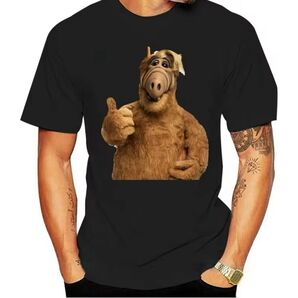 アルフのTシャツ ブラックALF キャラクター 80sレトロ風 (おまけ付き)