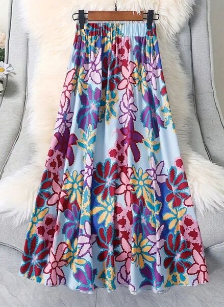 大きいサイズ 新品 カラフル花柄 フレアロングスカート L