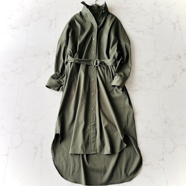 Loungedress ラウンジドレス*レディース シャツワンピース フリー F 金ボタン 緑 カーキ ベルト付 リネン混 長袖