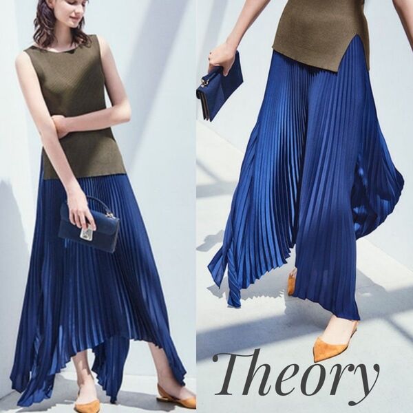 美品 theory アシンメトリープリーツスカート ネイビー ウォッシャブル