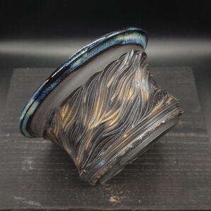 Re20t CELECTオリジナル RELIEF POT 残光 作家鉢 陶器 レリーフ 珍奇 塊根植物 黒×金 炎鎬 4号