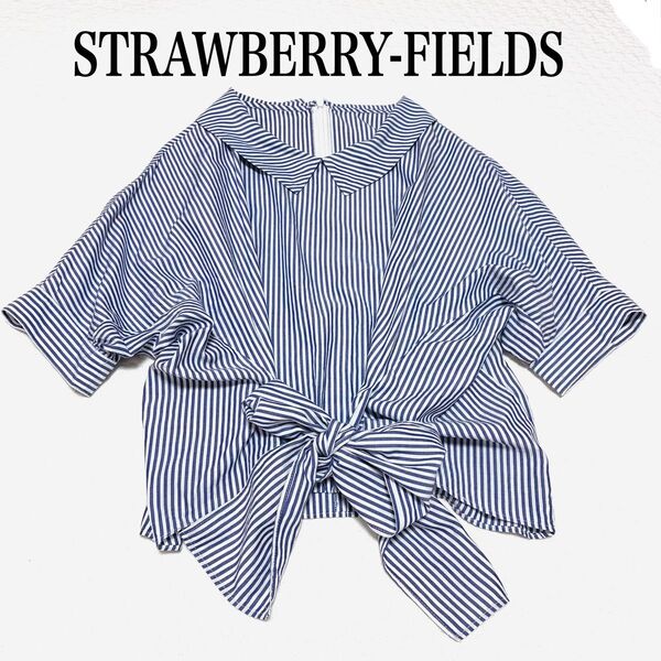 STRAWBERRY FIELDS ストライプ ブラウス ドルマンスリーブ 襟 ウエストリボン 5部袖 ストロベリー フィールズ