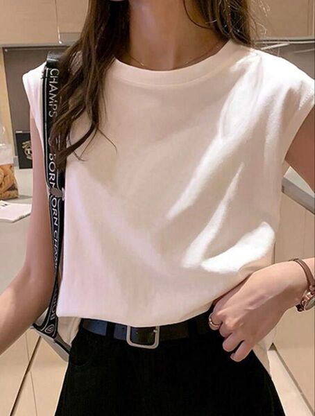 フレンチスリーブ ノースリーブ 半袖 夏シンプル ホワイト 白 L Tシャツ