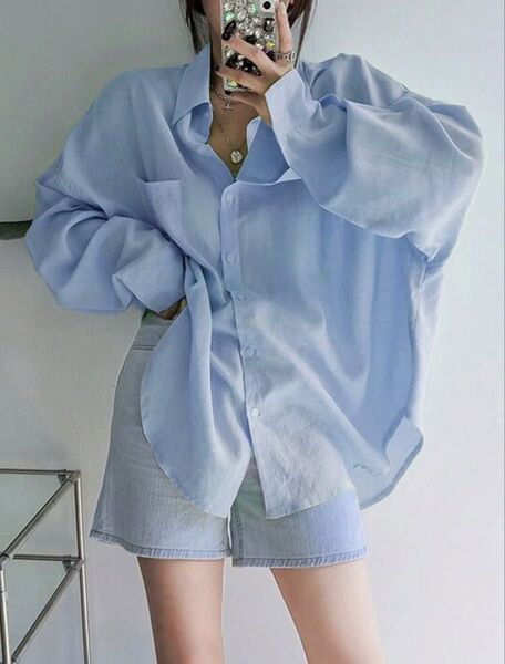 【新品未使用】 オーバーサイズシャツ 秋服 長袖 ライトブルー 水色