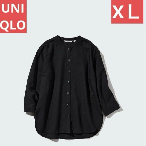 【古着】UNIQLO/リネンブレンドバンドカラーシャツ/7分袖/BLACK