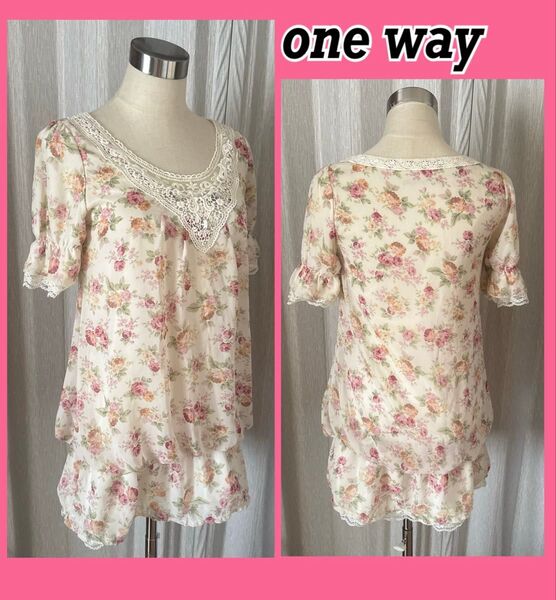 【one way ワンウェイ】総柄 半袖シャツ パフスリーブ ワンピース チュニック カットソー プルオーバー トップス