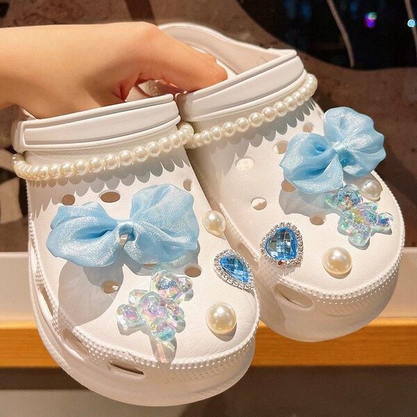 水色 ジビッツ クロックス パーツ アクセサリー サンダル リボン パール