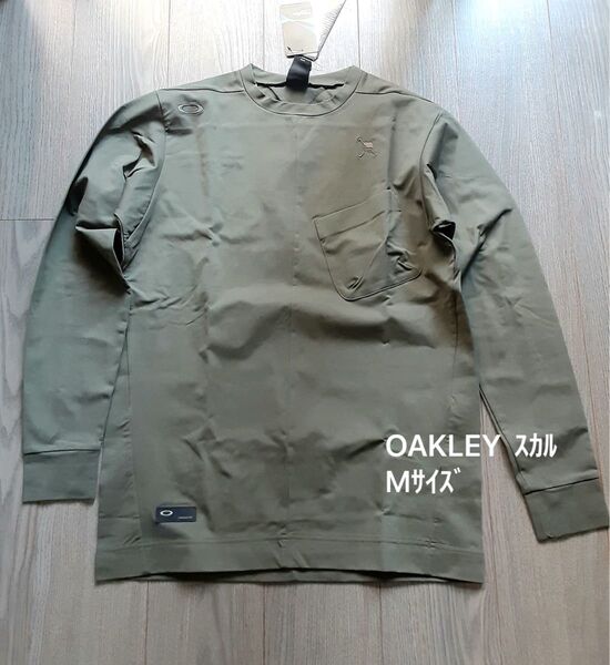 新品 OAKLEY オークリー スカル ゴルフ 長袖クルーネック UPF50+ 吸汗速乾 ダークオリーブ系色 Mサイズ
