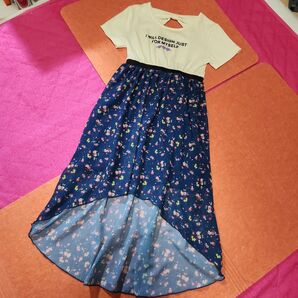 フラワープリント 半袖ワンピース ネイビー×イエロー 160㎝