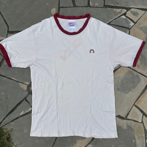 90s NIKE リンガーTシャツ 白タグ スウッシュ ロゴ y2k L Tシャツ 半袖 ホワイト 白 ベージュ トップス