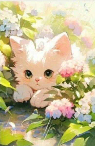 【期間限定お値下げ中】新品ダイヤモンドアート 20×30アジサイと子猫 紫陽花 ネコさん と花 作成キット