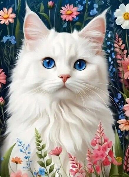 新品ダイヤモンドアート30×40白猫さんと花 ねこ 作成キット【no.524】