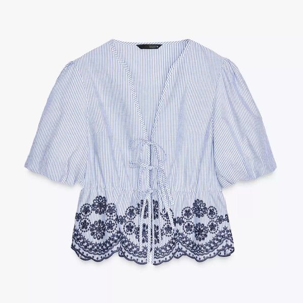 試着のみ ZARA ザラ ストライプ柄刺繍入りトップス XS