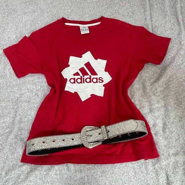 y2k adidas ロゴT ピチT レッド 半袖 アディダス ギャル 平成 グランジファッション